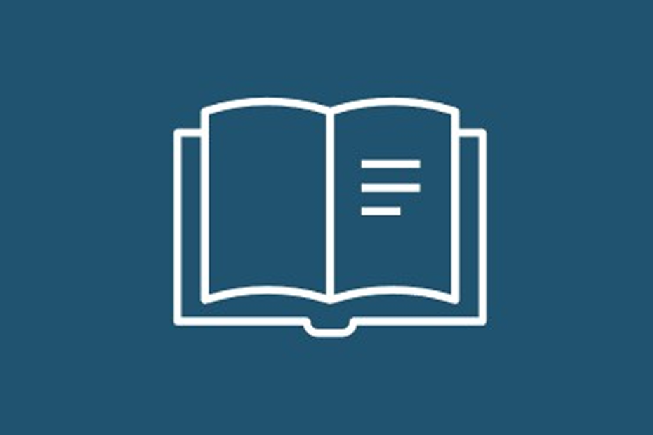 An icon of an open journal on a blue background